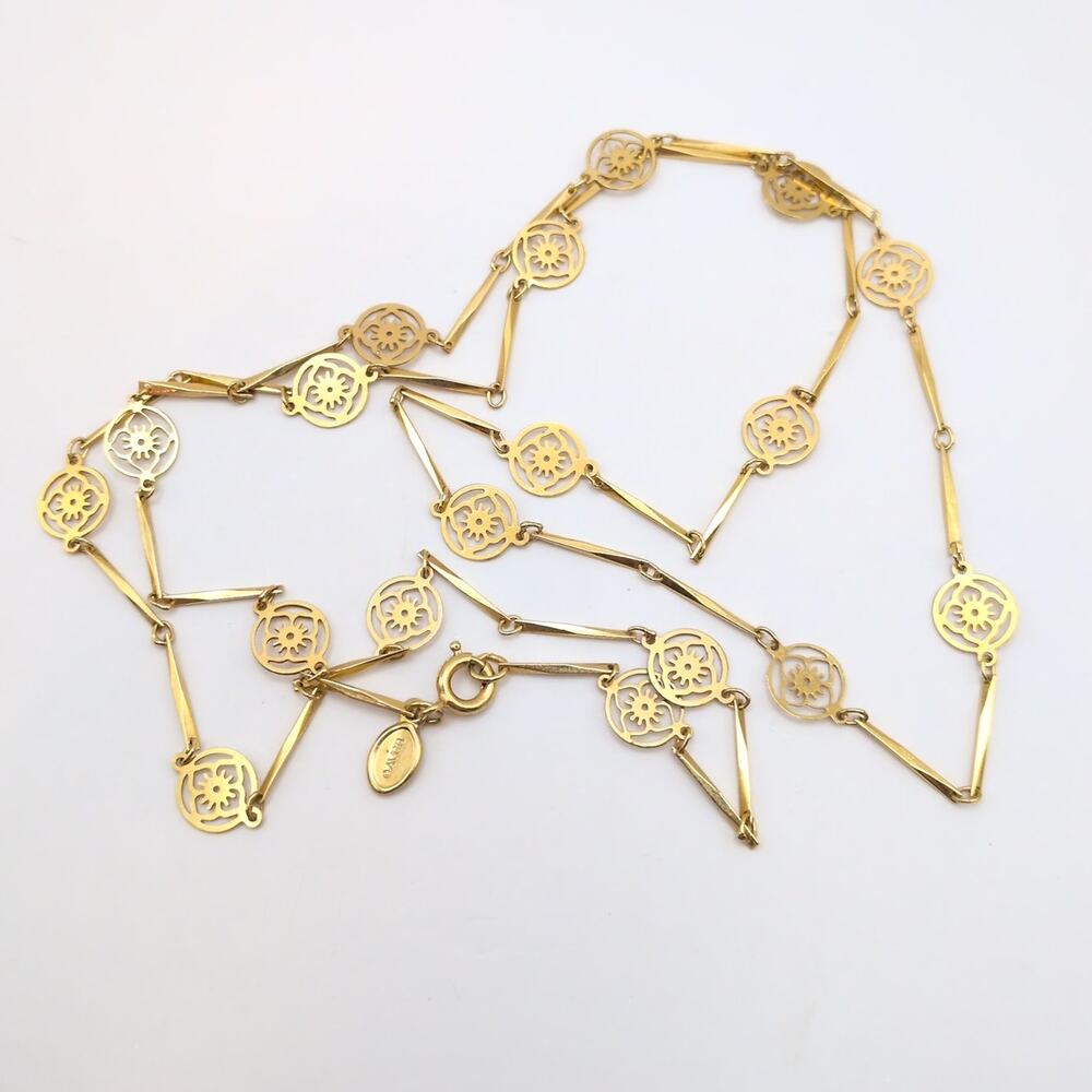 Vintage Avon 1970s Flower Lace Gold Tone Long Dainty Chain Necklace 27.5in